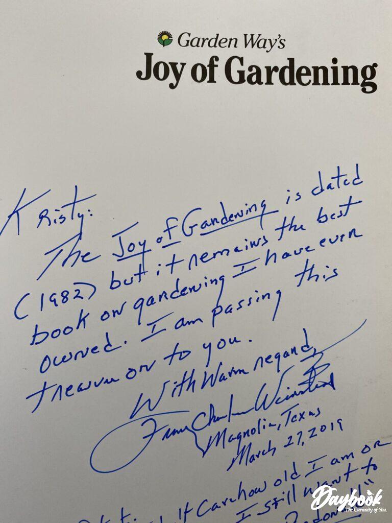 A note from Frank in my Joy of Gardening book.