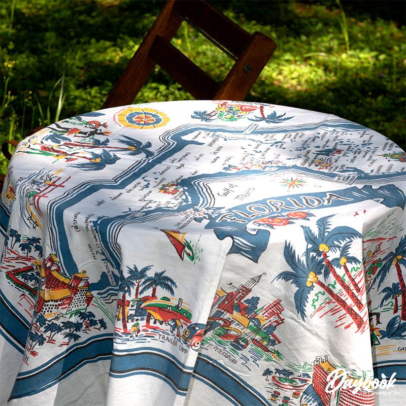 vintage table cloth with the state of Florida printed on it