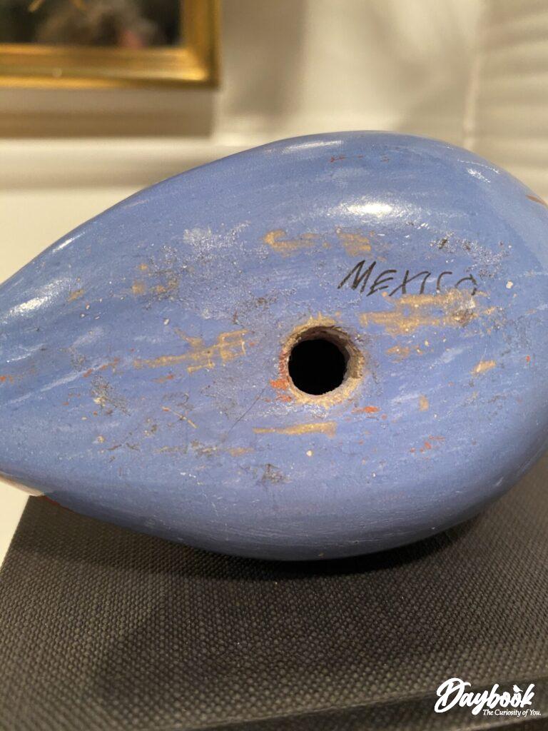 blue pottery with Mexican lettering