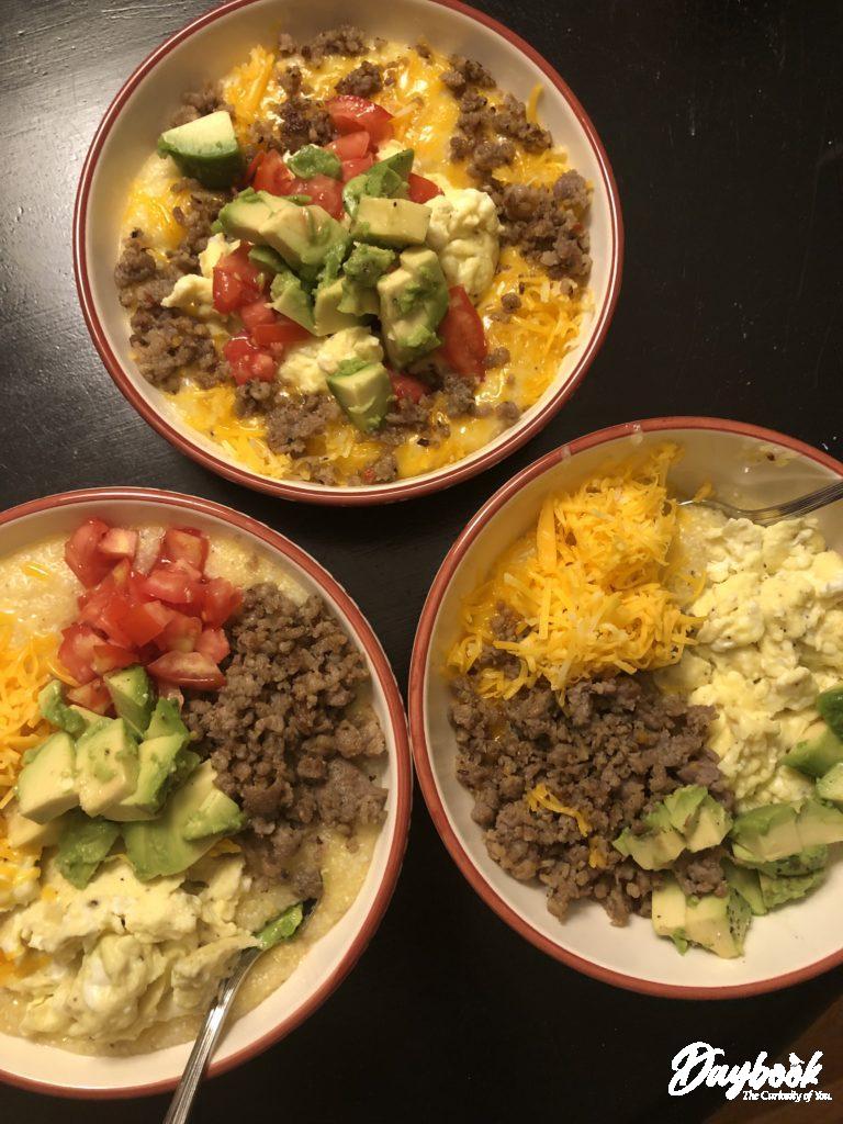 Now serving dinner bowls with grits, cheese, eggs and other various toppings.