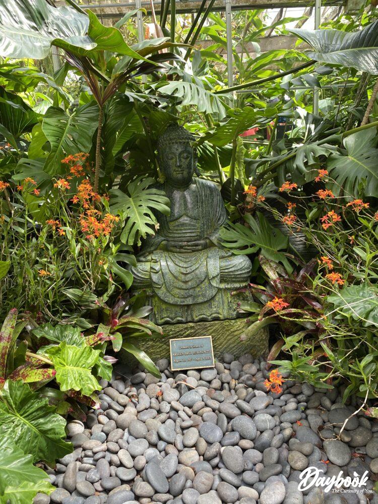 A life-size buddha statue in a tropical garden at the Marie Selby Botanical Gardens.