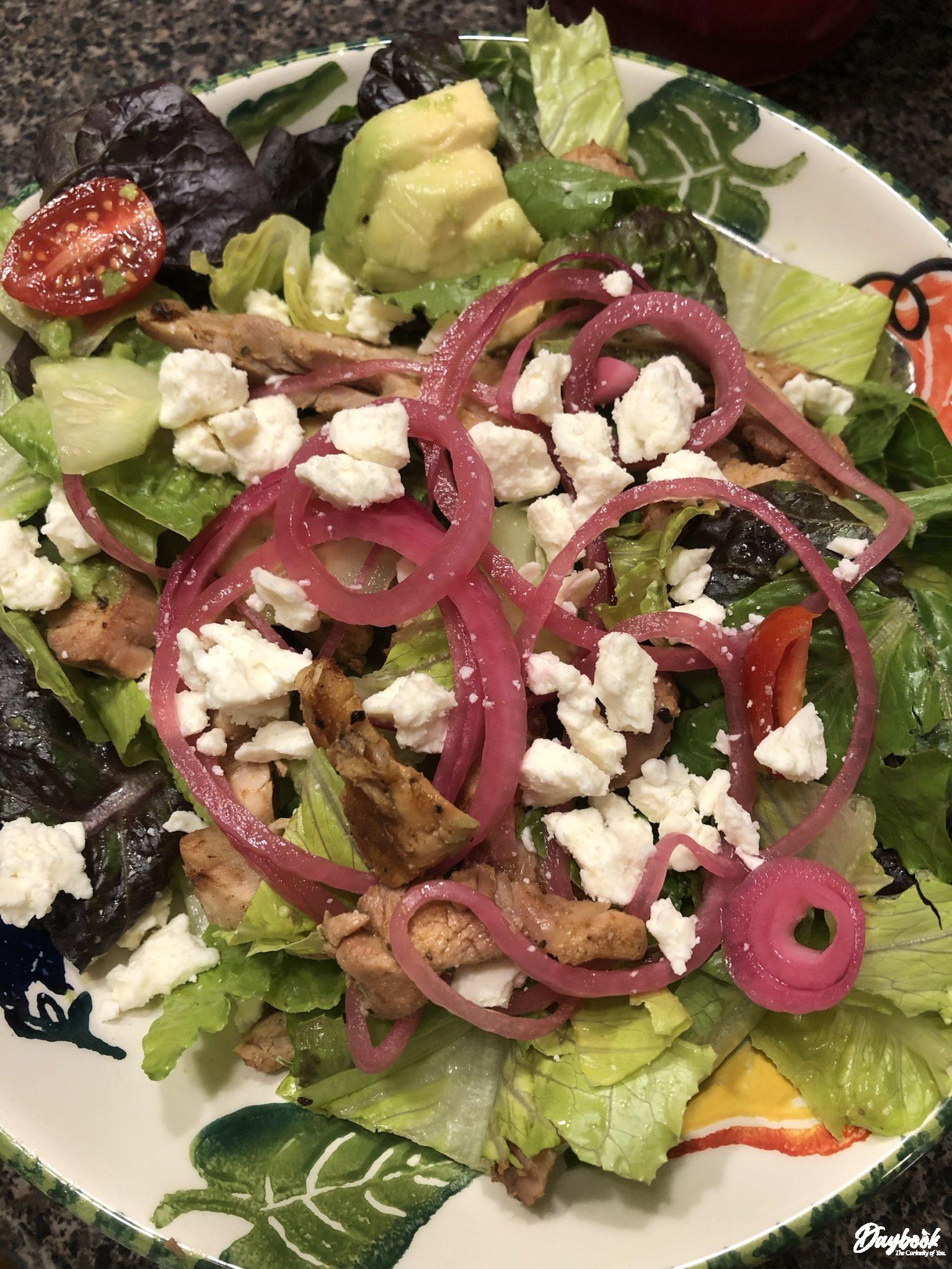 Large Greek salad with pickled red onions