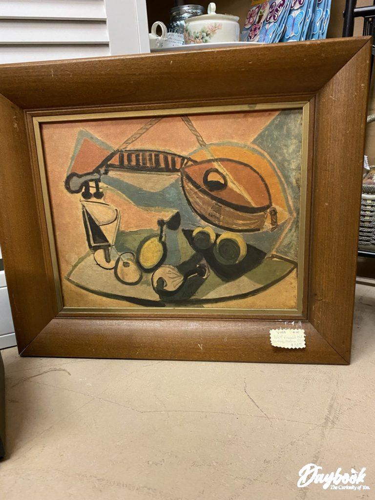 Mid Century Modern painting of a fish in a wooden frame