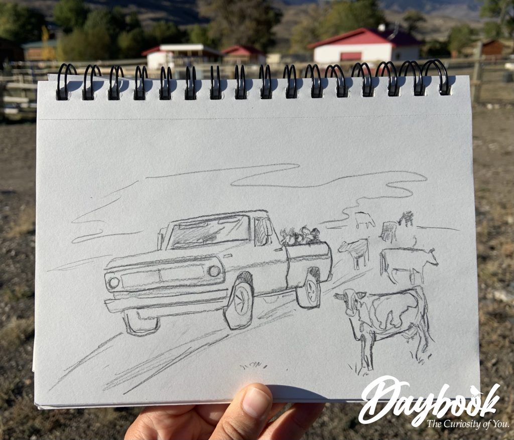 pencil sketch of truck in a pasture with cows