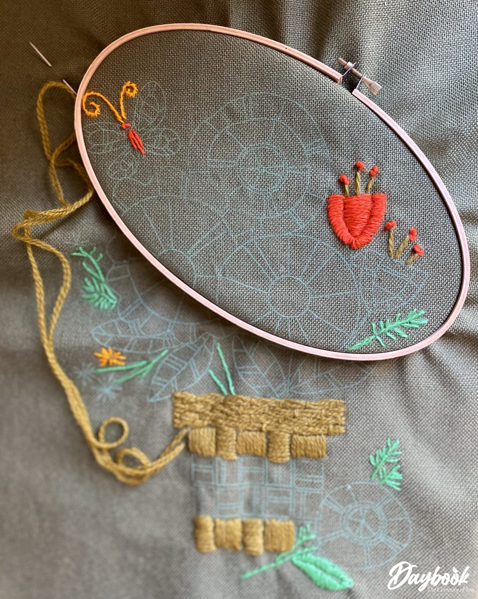crewel embroidery piece with wooden hoop