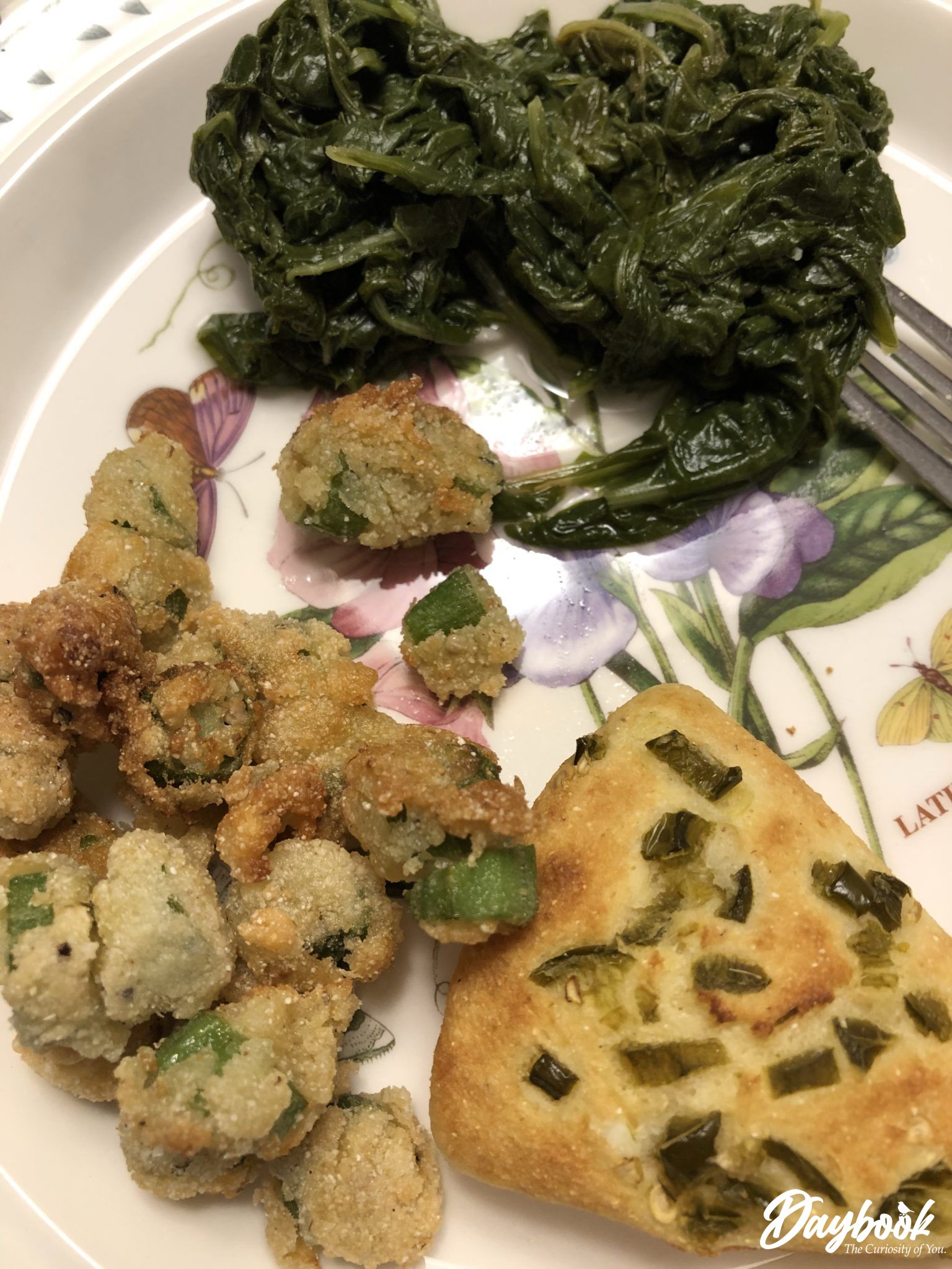 fried okra with cornbread and collards