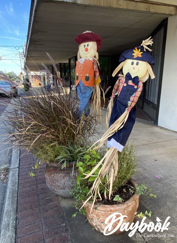 scarecrows in a downtown 