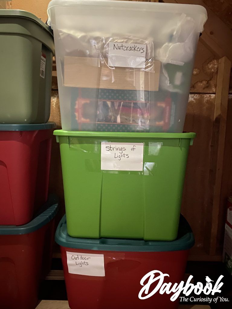 Storage boxes labeled and stacked