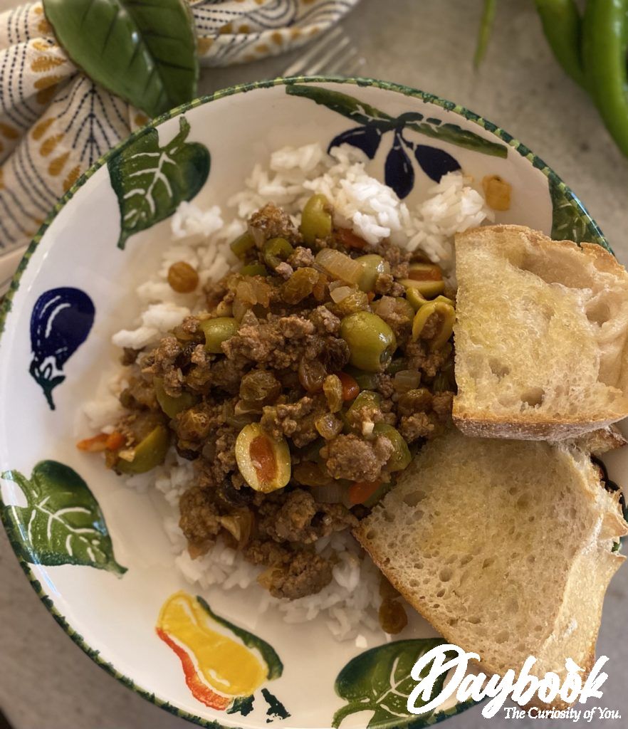 green and white bowl with Picadillo Cuban Style dinner