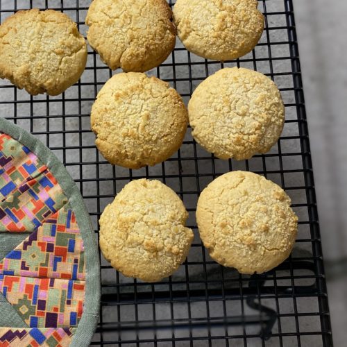 Apple crumble cookies on a cooling rack