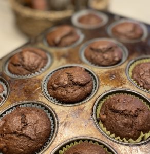 baking pan of 12 triple chocolate banana muffins