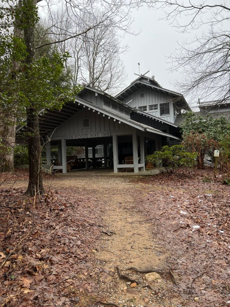 View of the front of the Hike Inn Lodge in North Georgia.