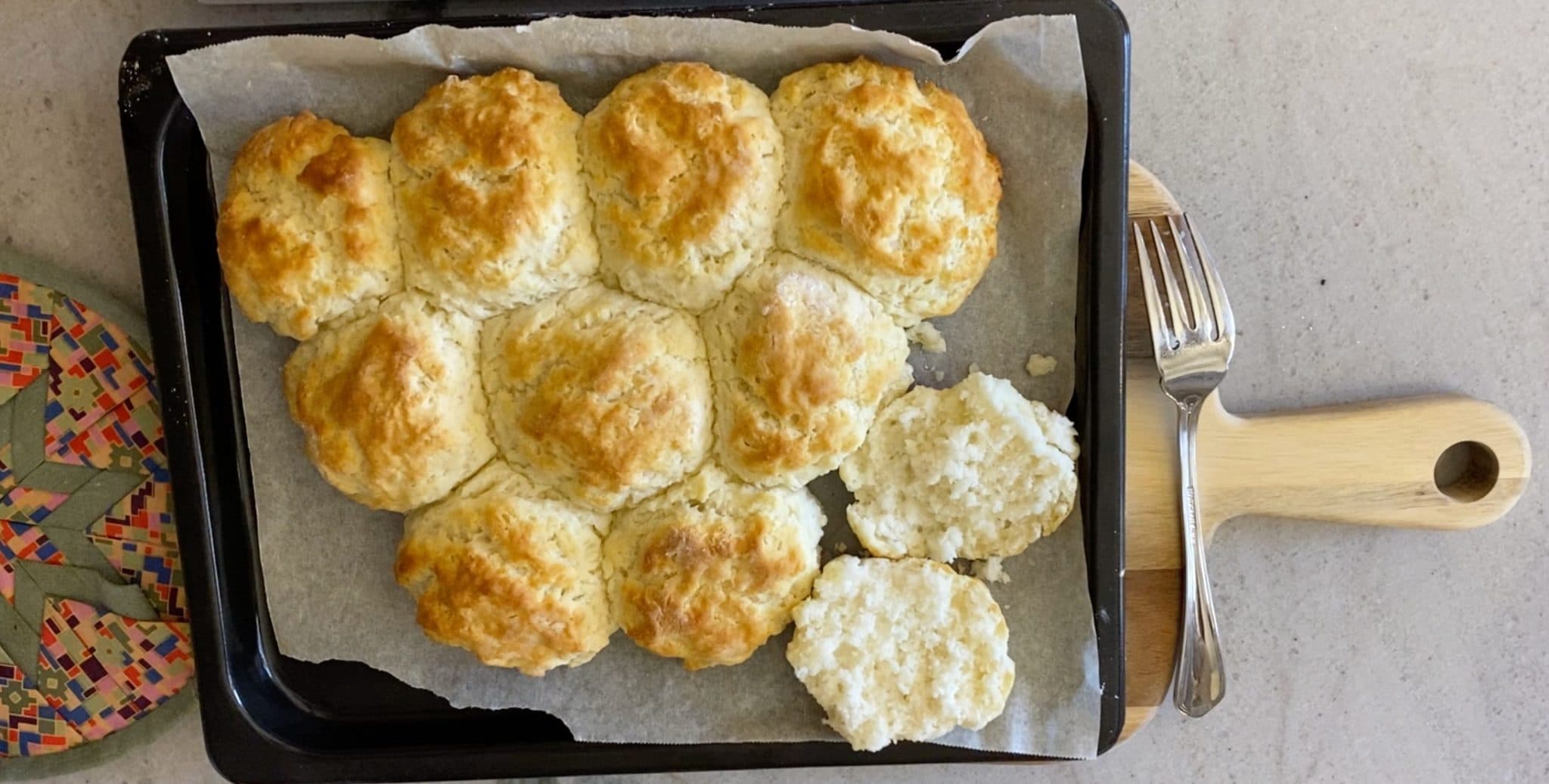 A pan of warm homemade 3 ingredient craveable biscuits