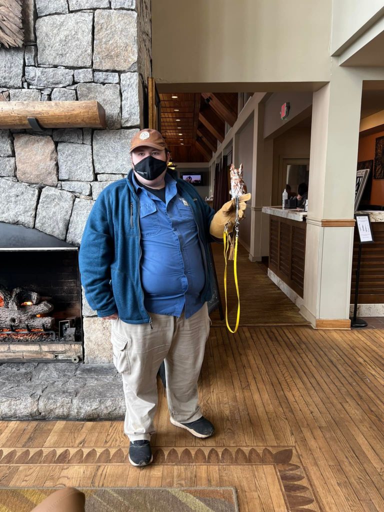 An Amicalola Lodge employee holds Gizmo the owl while standing in the lobby of the Lodge.