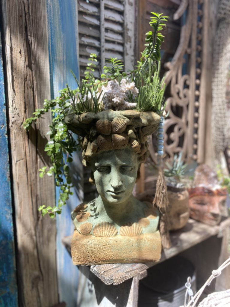 A concrete statue of a head with plants growing on top.