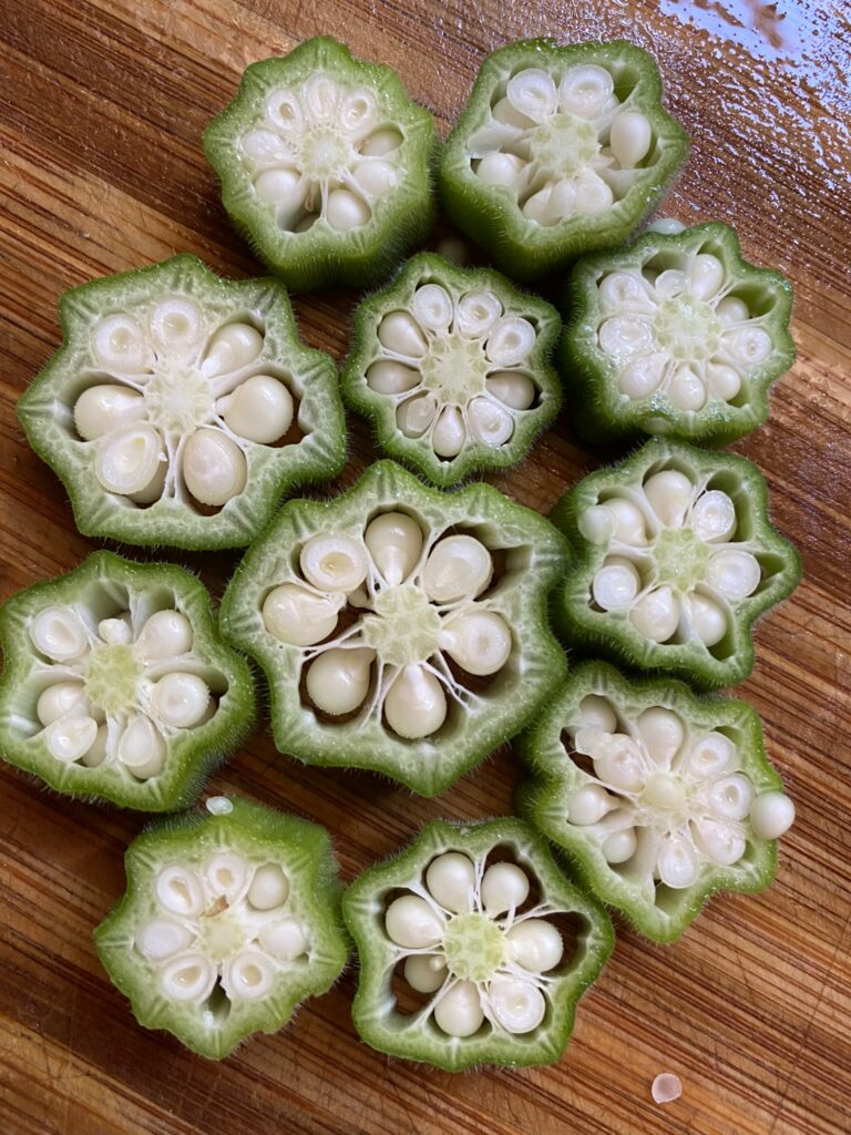 Sliced okra pods ready to be cooked