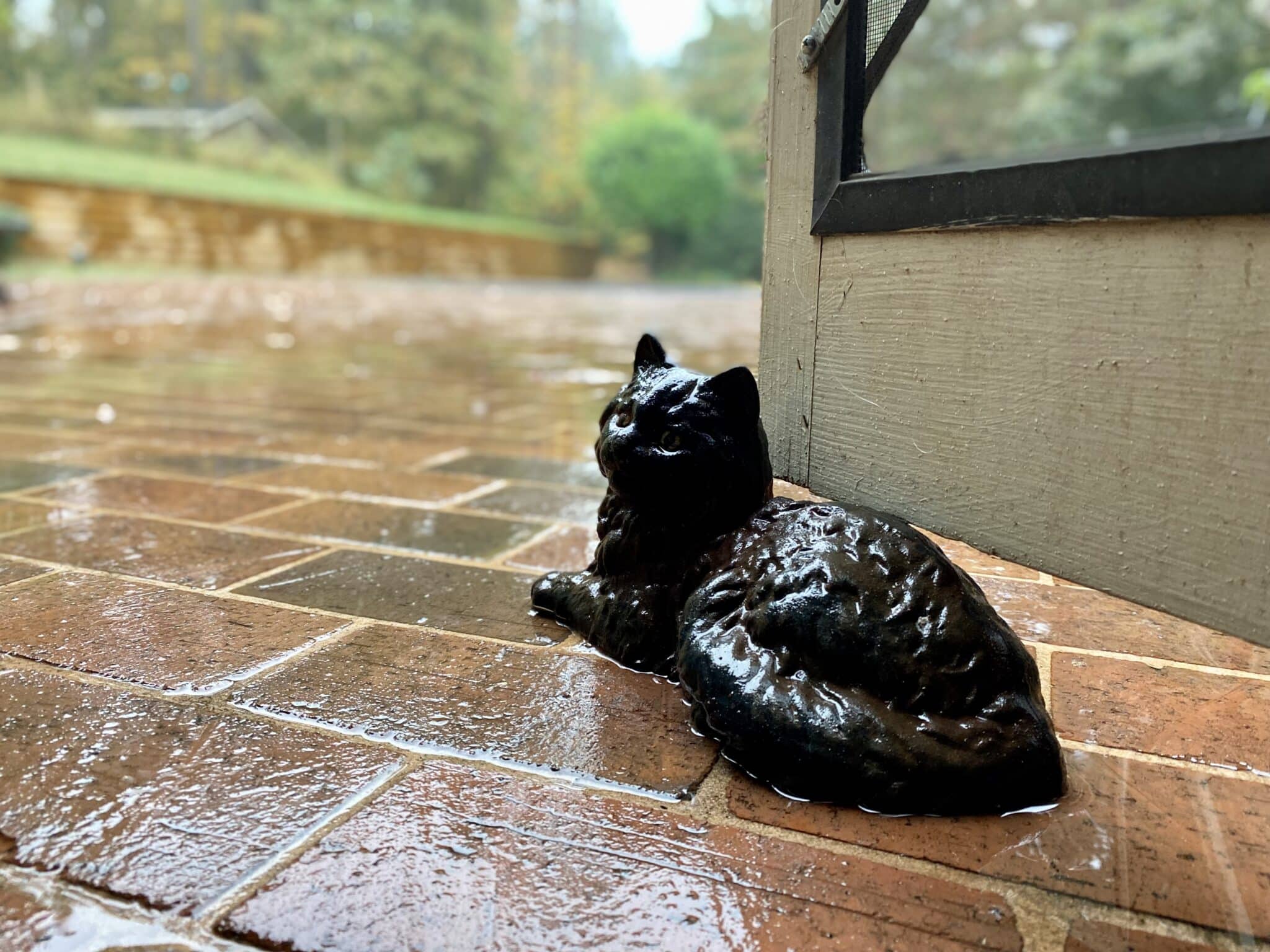 An iron cat statue holding a screened door open during the rain that we waited too long for