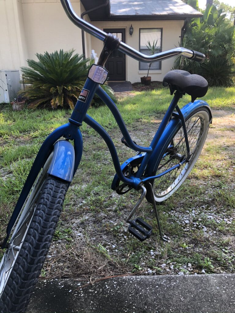A vintage blue Huffy bike parked in the grass at a Florida home.