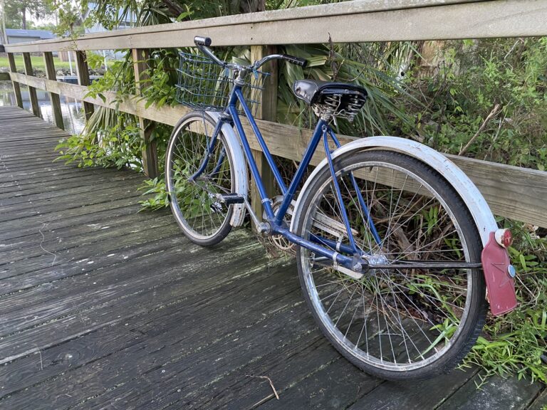 An antique blue and white bike propped on a railing on a Florida dock over the river.
