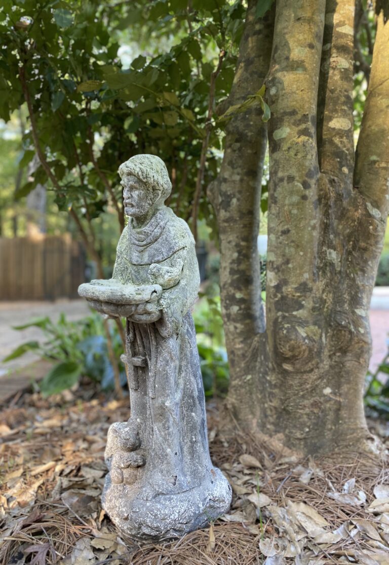 A cement statue of a peaceful garden saint next to a holly bush.