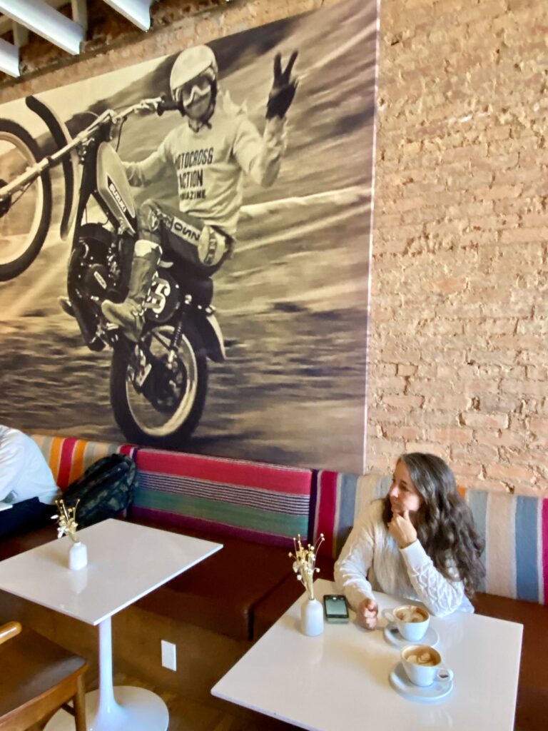 A charming, eccentric coffee shop with dirt bikes and lattes.